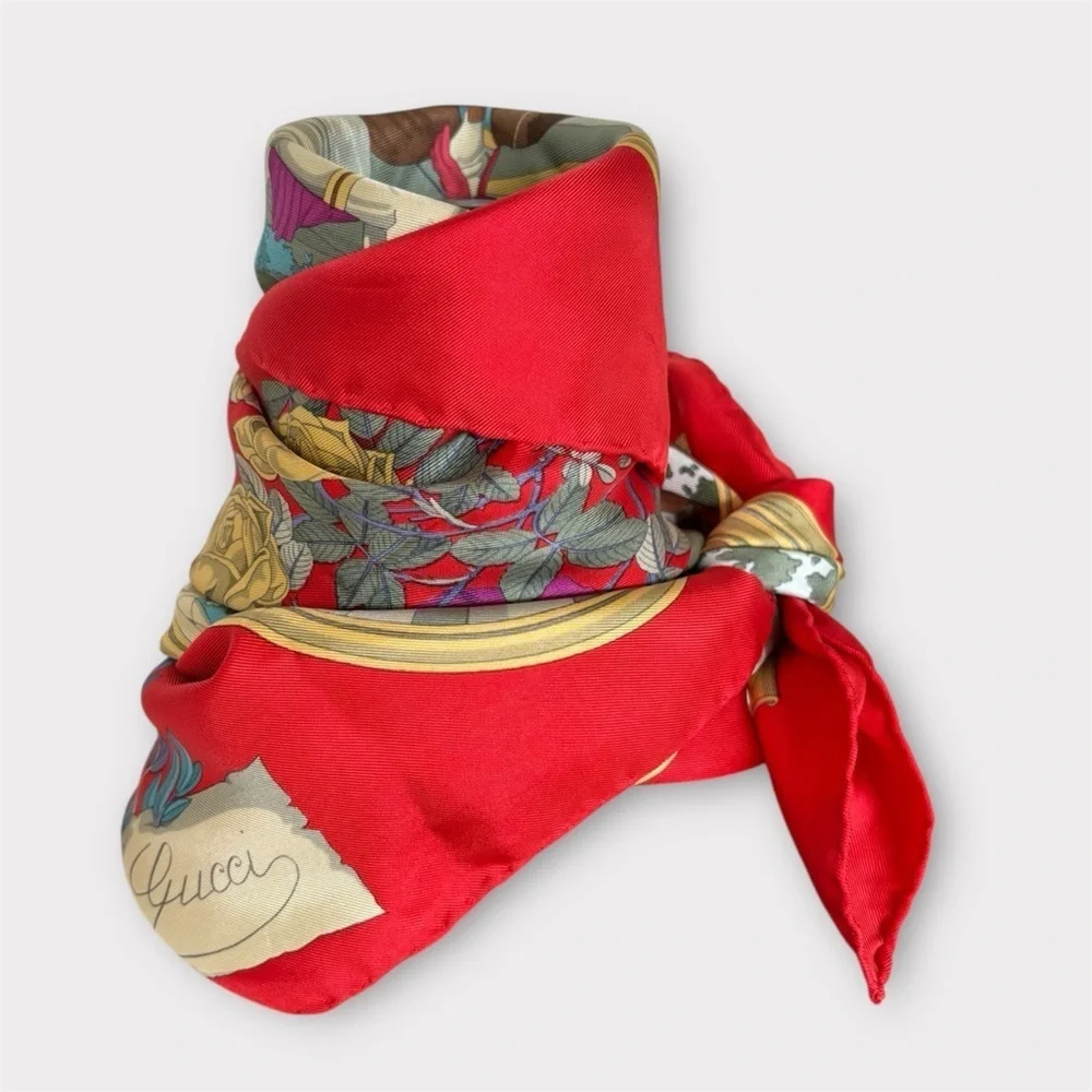 GUCCI Vintage Silk Scarf 34” Red Equestrian Hunting Print Italy